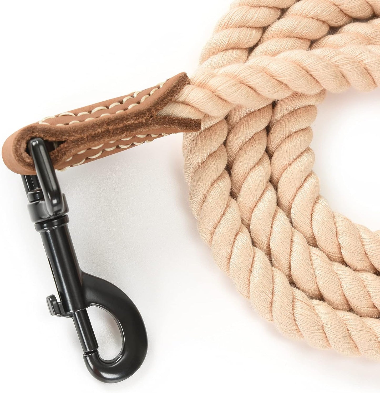 Braided Cotton Rope Dog Leash with Leather Tip - Heavy-Duty Metal Clasp, 6FT Length, 1/2" Thickness - Ideal for Walking, Training, and Weddings for Small to Large Dogs (Light Brown)