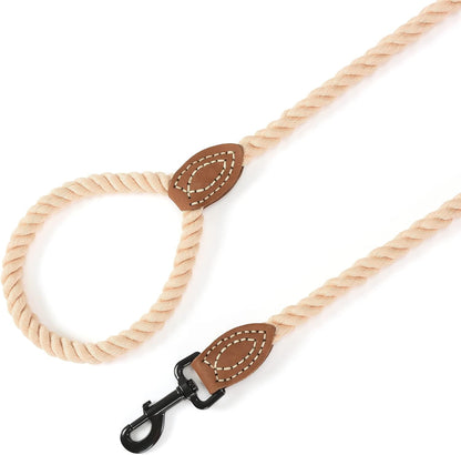 Braided Cotton Rope Dog Leash with Leather Tip - Heavy-Duty Metal Clasp, 6FT Length, 1/2" Thickness - Ideal for Walking, Training, and Weddings for Small to Large Dogs (Light Brown)