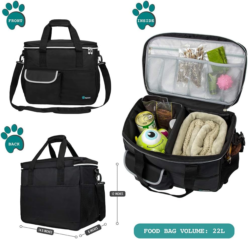 Pet Travel Organizer Bag with Food Containers and Collapsible Bowls, Medium Size, Black - Ideal for Weekend Road Trips and Camping Essentials