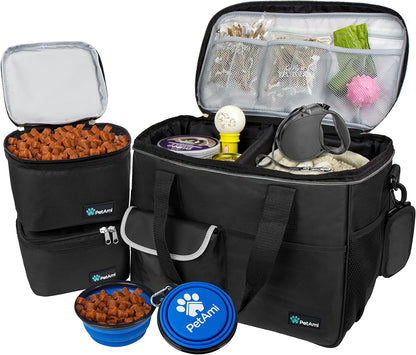 Pet Travel Organizer Bag with Food Containers and Collapsible Bowls, Medium Size, Black - Ideal for Weekend Road Trips and Camping Essentials