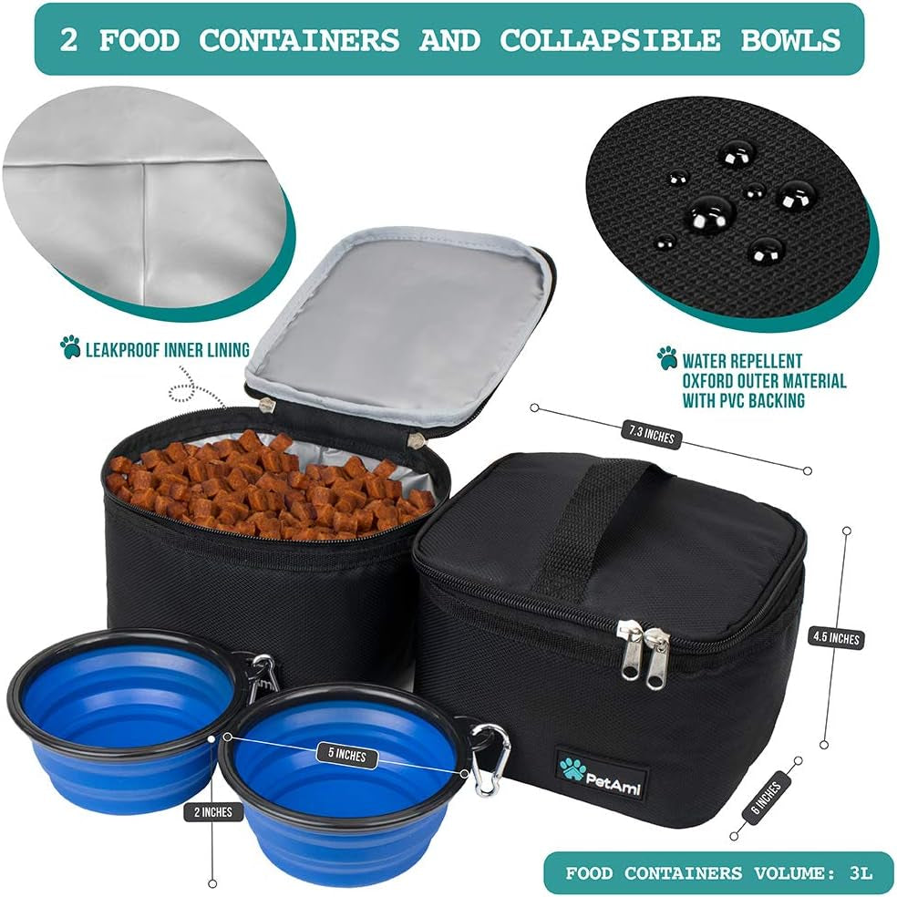 Pet Travel Organizer Bag with Food Containers and Collapsible Bowls, Medium Size, Black - Ideal for Weekend Road Trips and Camping Essentials