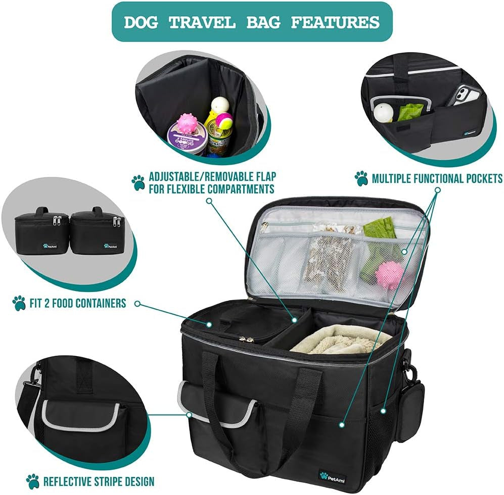 Pet Travel Organizer Bag with Food Containers and Collapsible Bowls, Medium Size, Black - Ideal for Weekend Road Trips and Camping Essentials