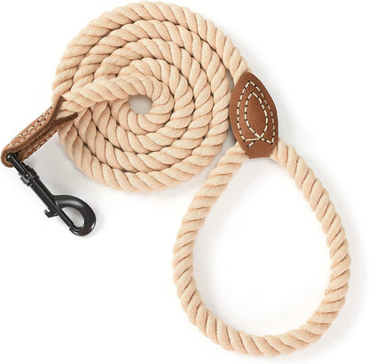 Braided Cotton Rope Dog Leash with Leather Tip - Heavy-Duty Metal Clasp, 6FT Length, 1/2" Thickness - Ideal for Walking, Training, and Weddings for Small to Large Dogs (Light Brown)